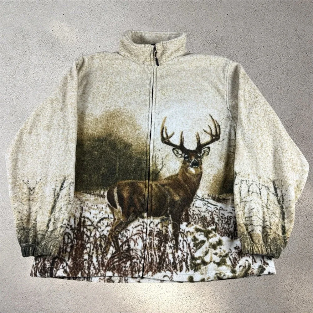 Vintage Trailcrest AOP Nature Deer Hunting Fleece Jacket Men's XL Full Zip